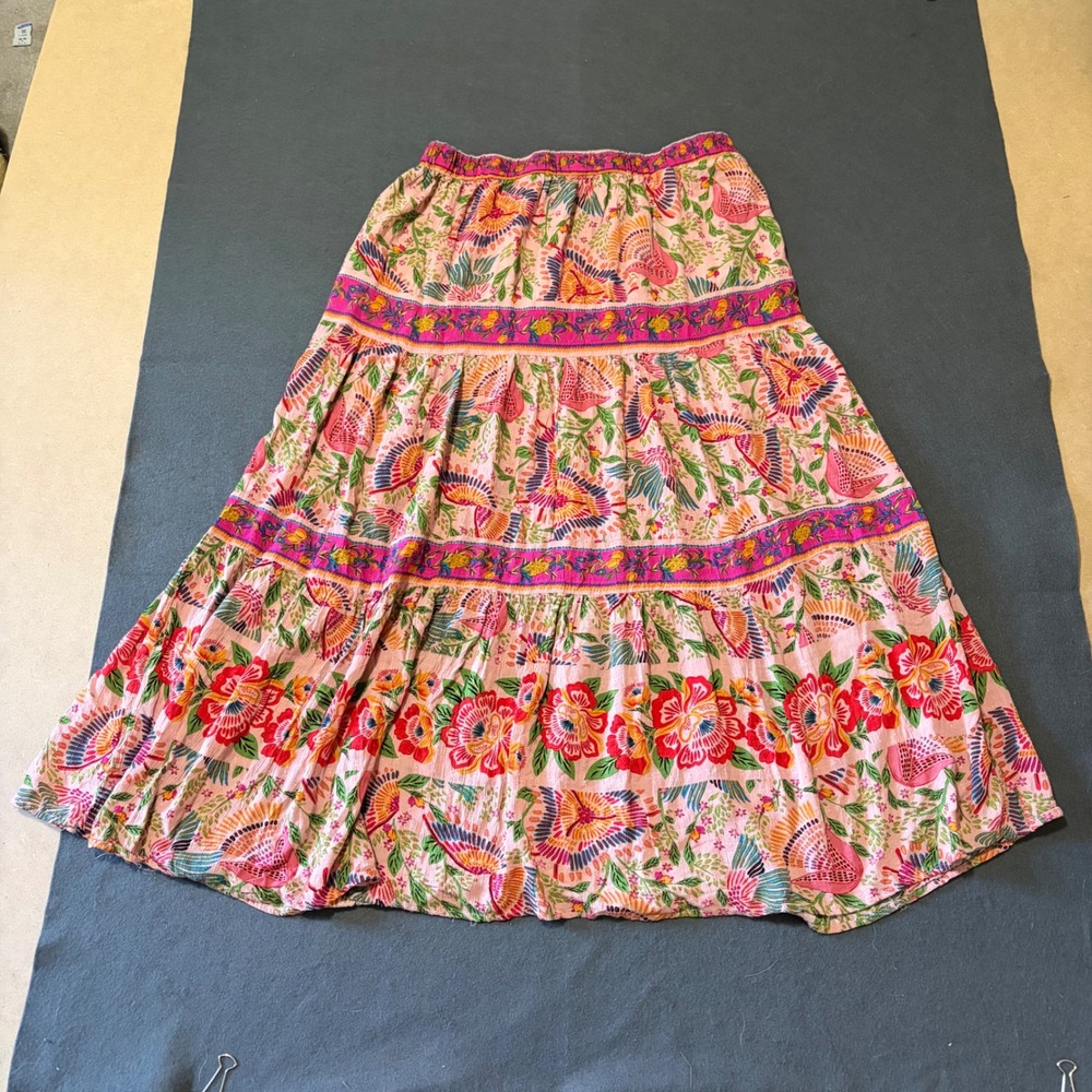 Cynthia Rowley Tiered Maxi Skirt Womens L Pink Floral Print Boho Core Granola